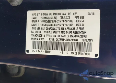 2015 Honda Cr-V Lx from USA, damaged, VIN 3CZRM3H3XFG715684